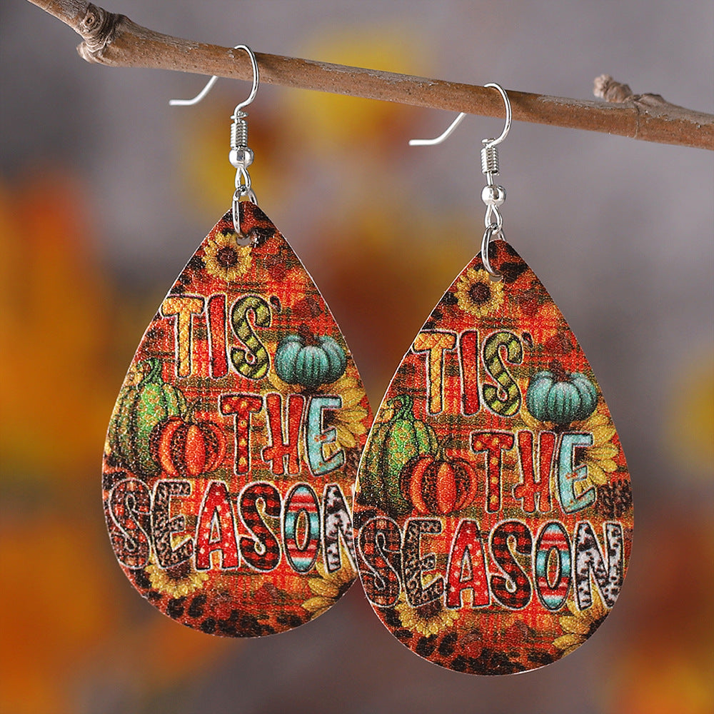 Autumn Harvest Pumpkin Sunflower Leopard Water Drop Earrings