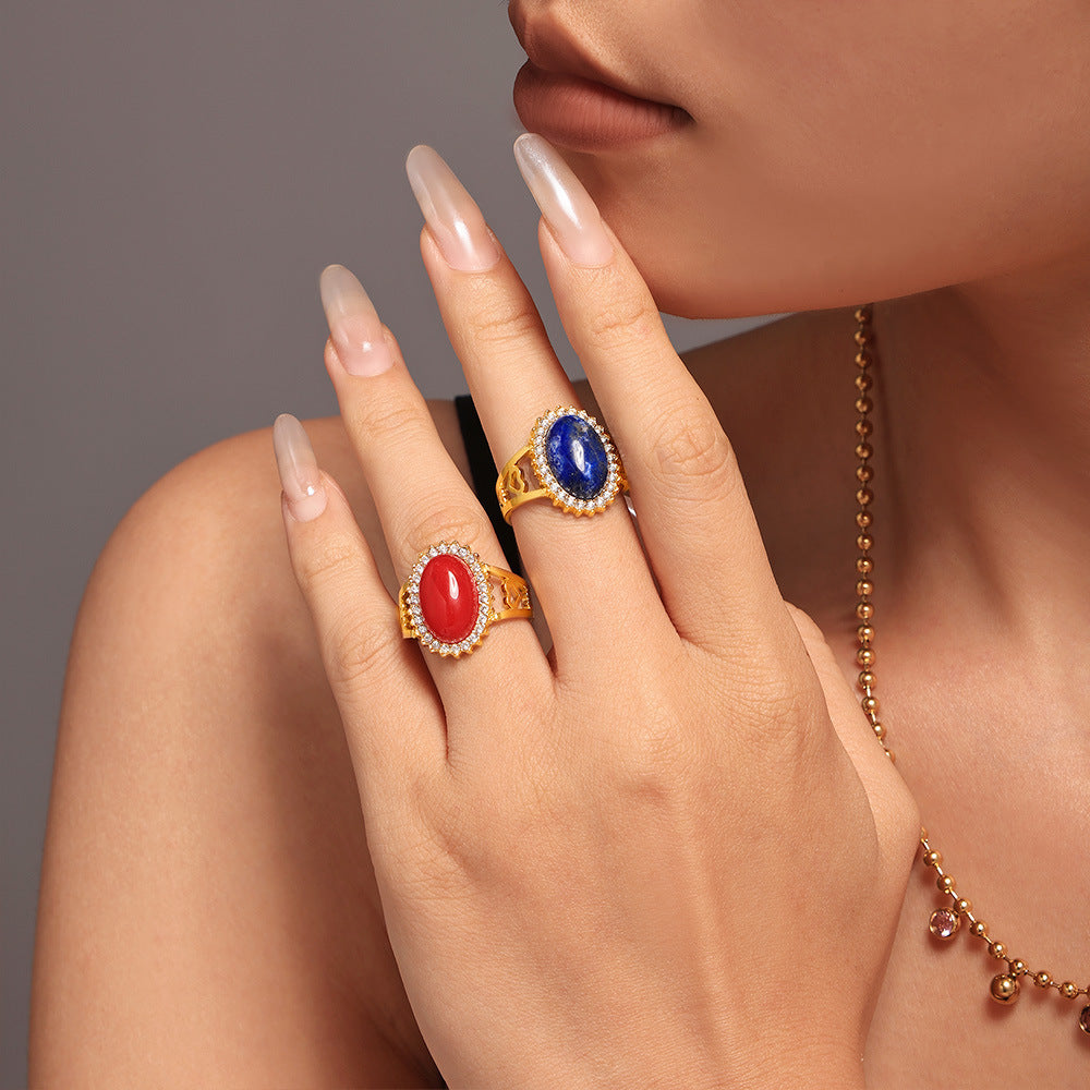 Zircon Oval Natural Stone Open Stainless Rings