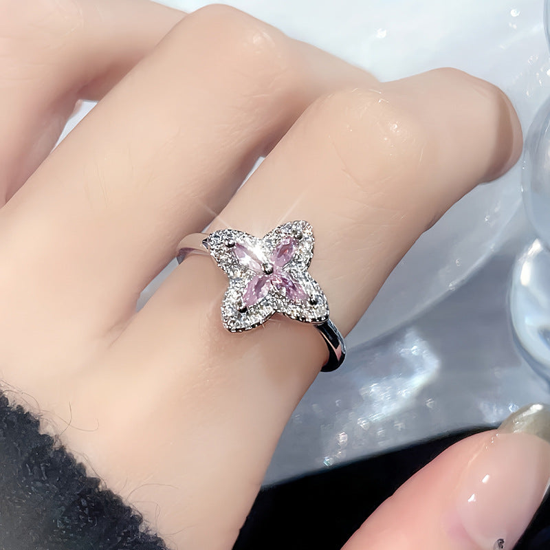 Snowflake Pink Zircon Flower Clover Open Design Rings