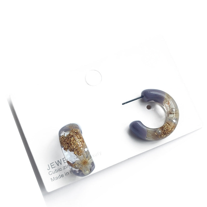 Exquisite Small Real Flower Gold Foil Resin Earrings