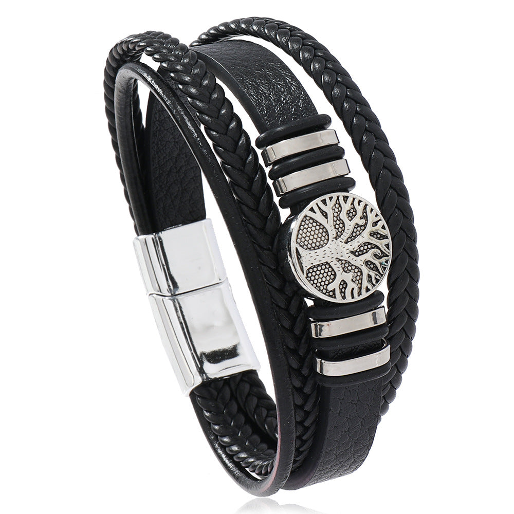 Men's Magnetic Buckle Leather Lucky Tree Alloy Bracelets