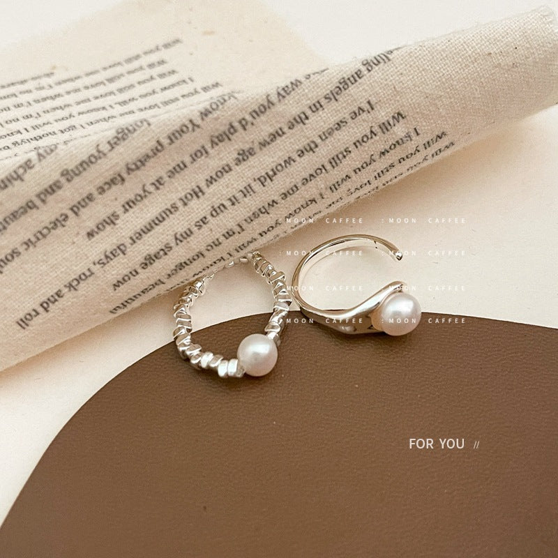 Women's String Small Pieces Of Sier Beaded Freshwater Pearl Adjustable Rings