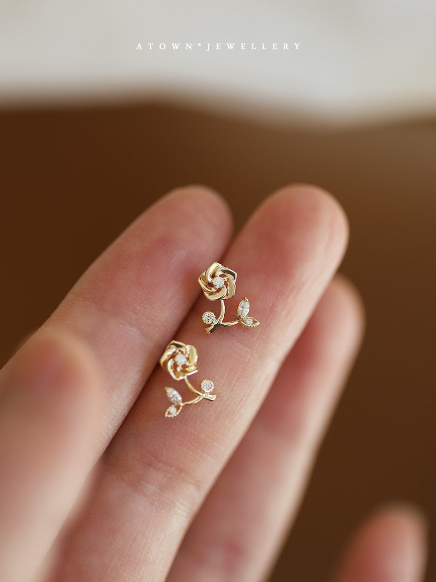 Gold-plated One Rose Small Diamond Elegant Earrings