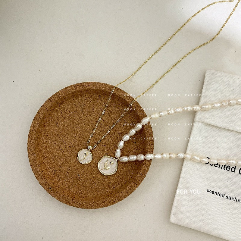 Elegant Pearl White Enamel Vintage Rose Necklaces