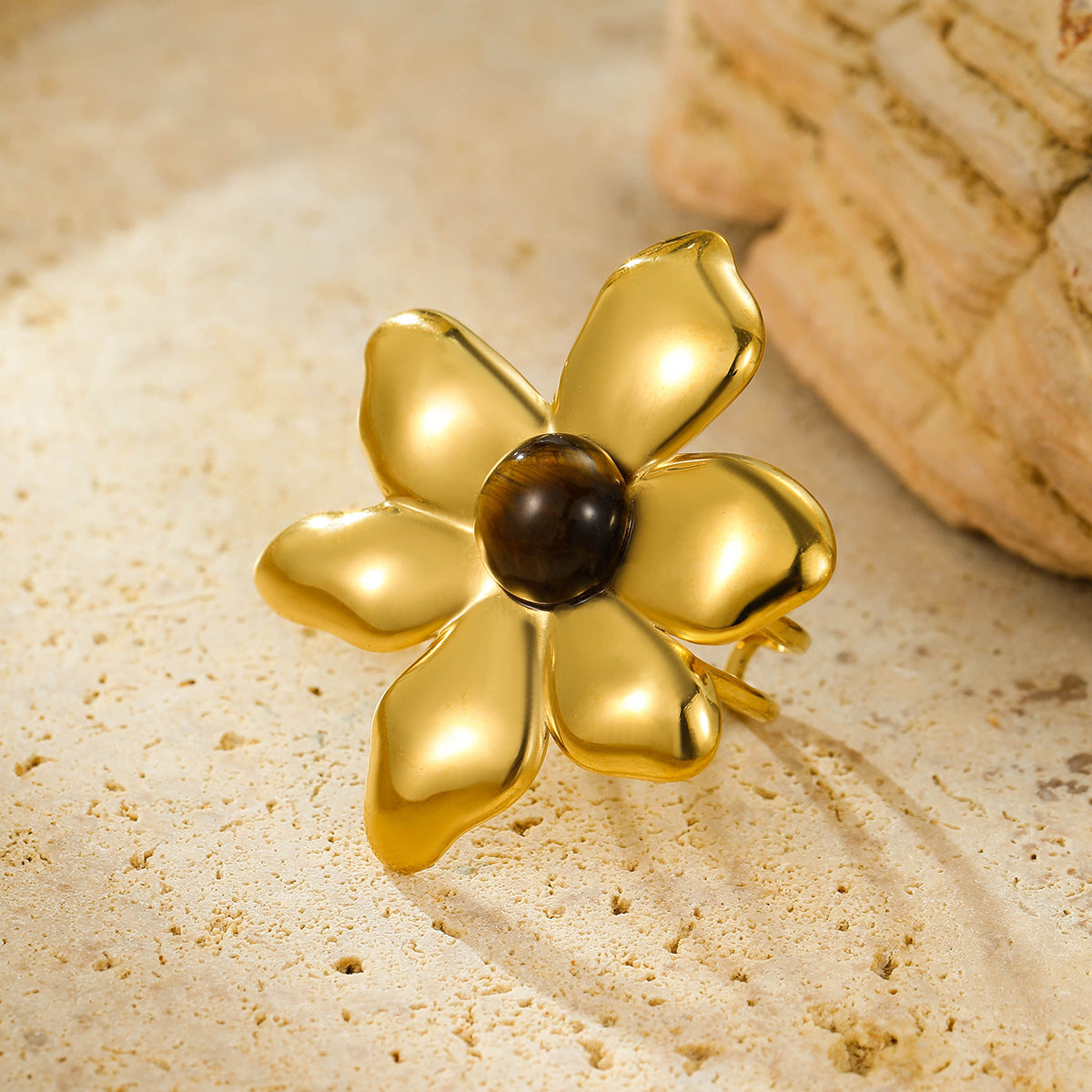 Women's Fashion Stainless Steel Gold Plated Irregular Petals Colorful Natural Rings