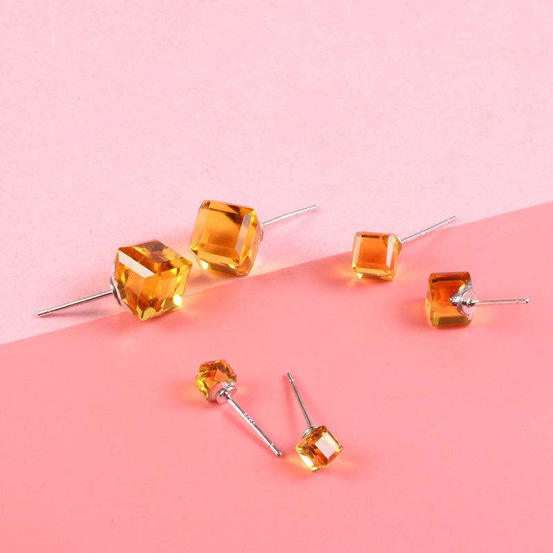 Women's & Men's Austrian Crystal Temperament Square Simple Cube Earrings