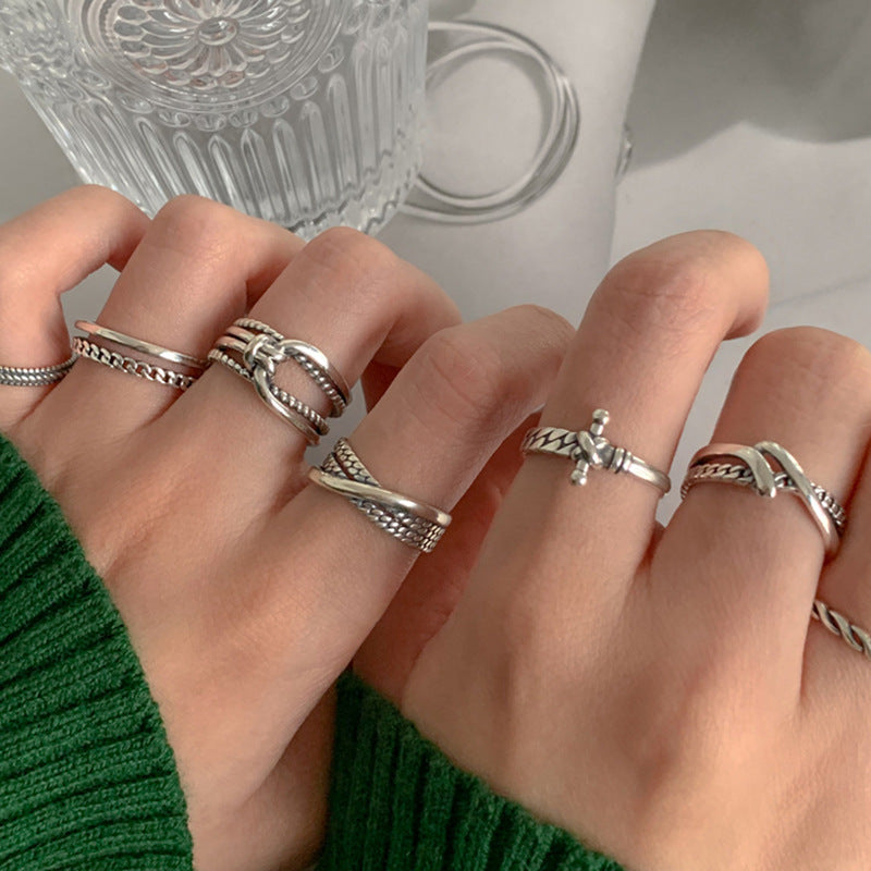Women's Retro Line Combination Sier Simple Fashion Rings
