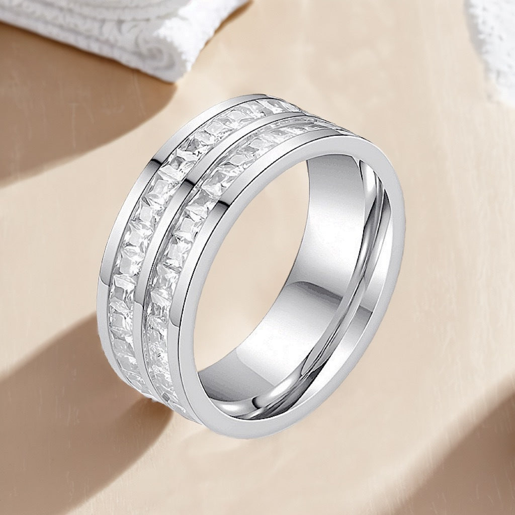 Titanium Steel Small Square Full Rhinestone Zircon Rose Gold Rings