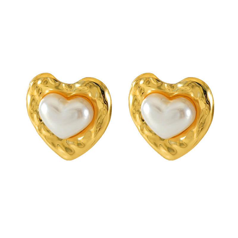 Entry Lux Love Oval Titanium Steel Fashion Pearl Pleated Earrings