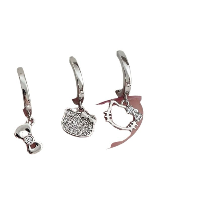 Inlaid Zirconium Cat Head Bow Hello Kitty Ornament Earrings