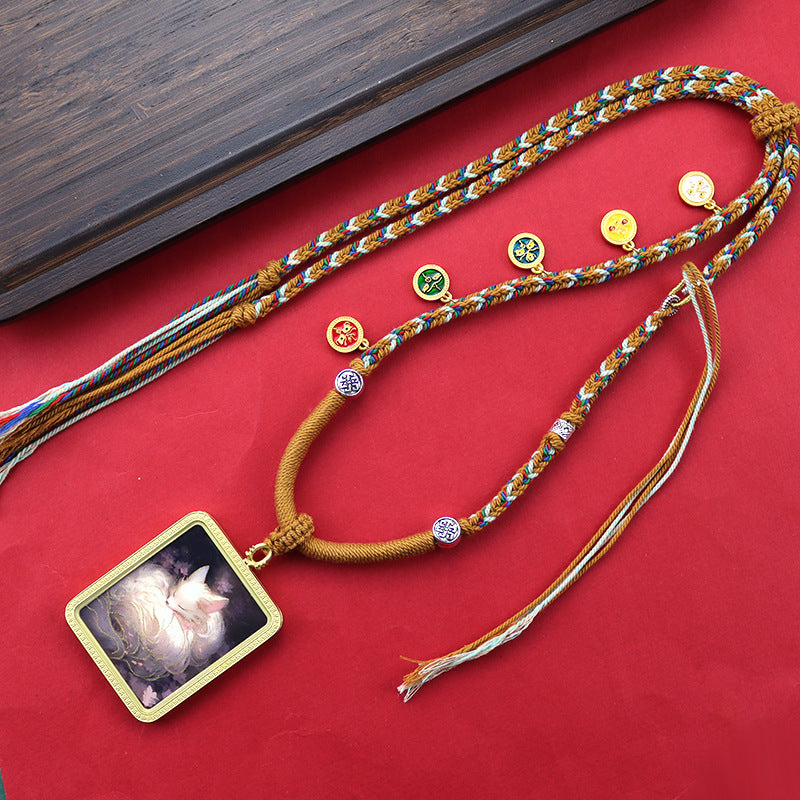 Tibetan Hand Painted Golden Outline Eight Patron Saints Double-sided Necklaces