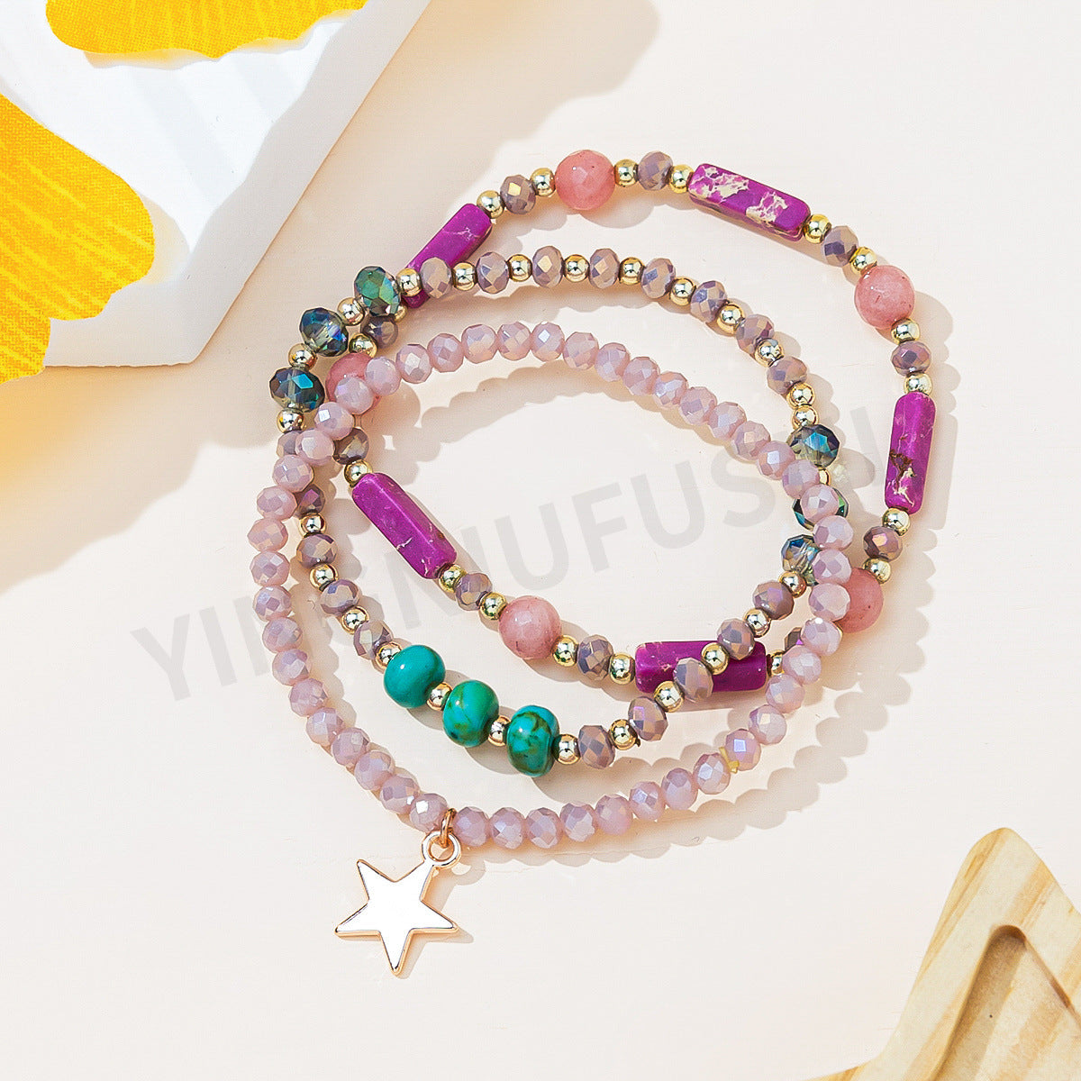 Women's Korean Mixed Crystal Glass Beaded Three-circle Bracelets