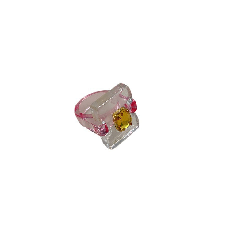 Pink Square Style Roses Transparent Resin Rings