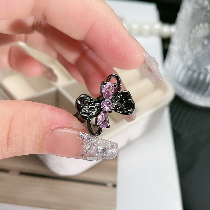 Dark Style Pink Diamond Love Heart Rings