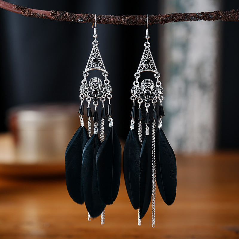 Mid-length Pagoda Crystal Feather Retro Long Upper Lower Stitching Earrings