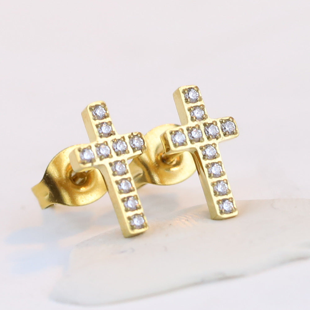 Titanium Steel Cross Stainless Inlaid Zirconium Earrings