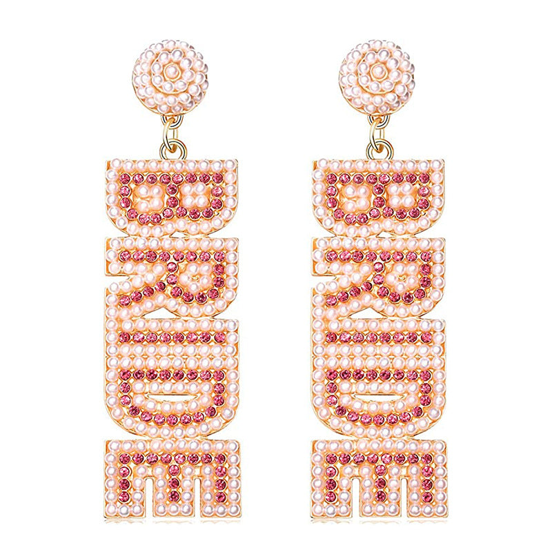 Women's For Bride Versatile Pearl Diamond Letters Long Earrings