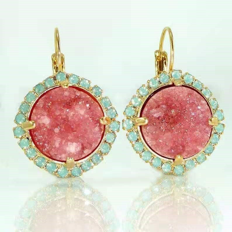 Women's Sells White Gem Copper Inlaid Diamond Oval Earrings
