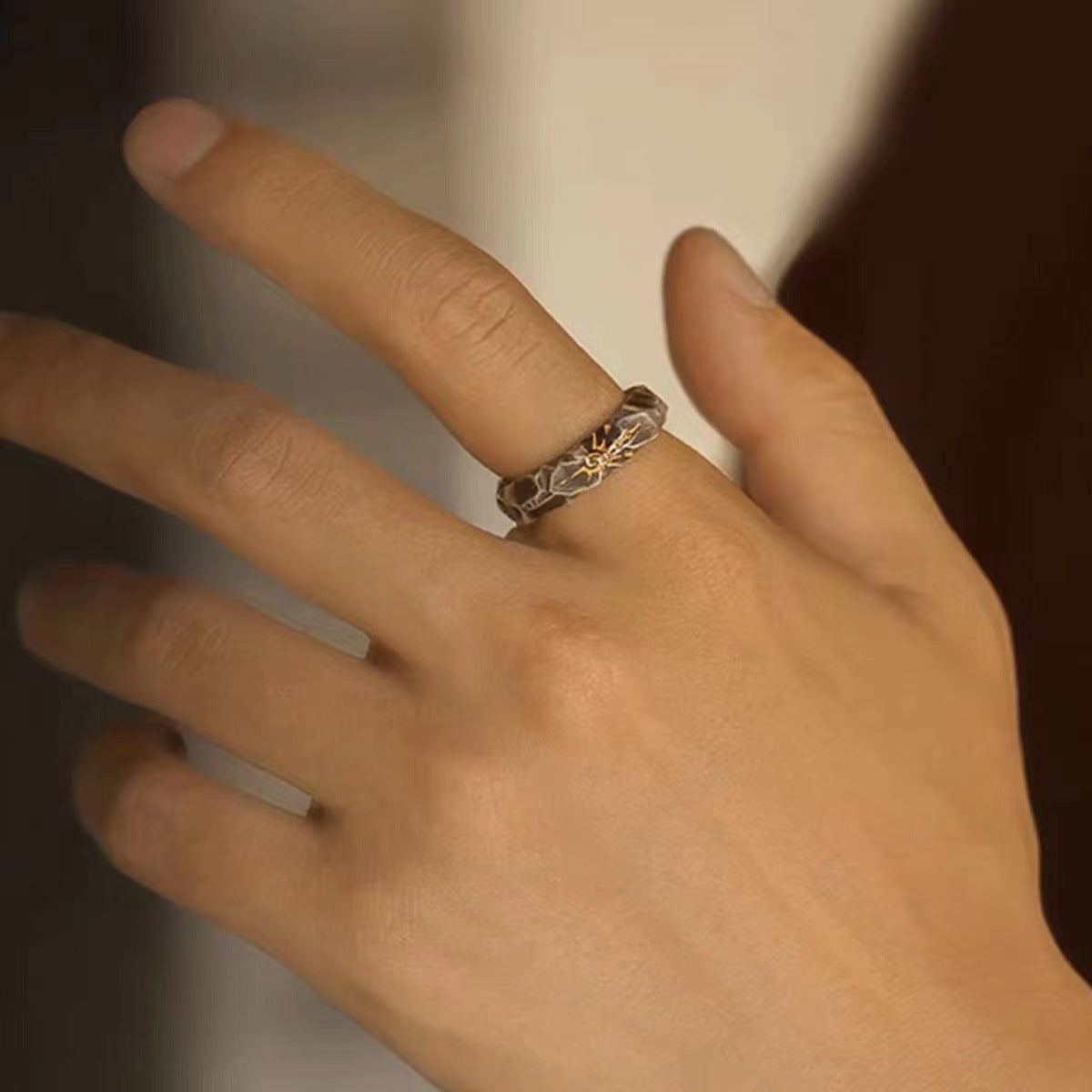 Women's & Men's Retro Stone Points Gold Sun Self-discipline Rings