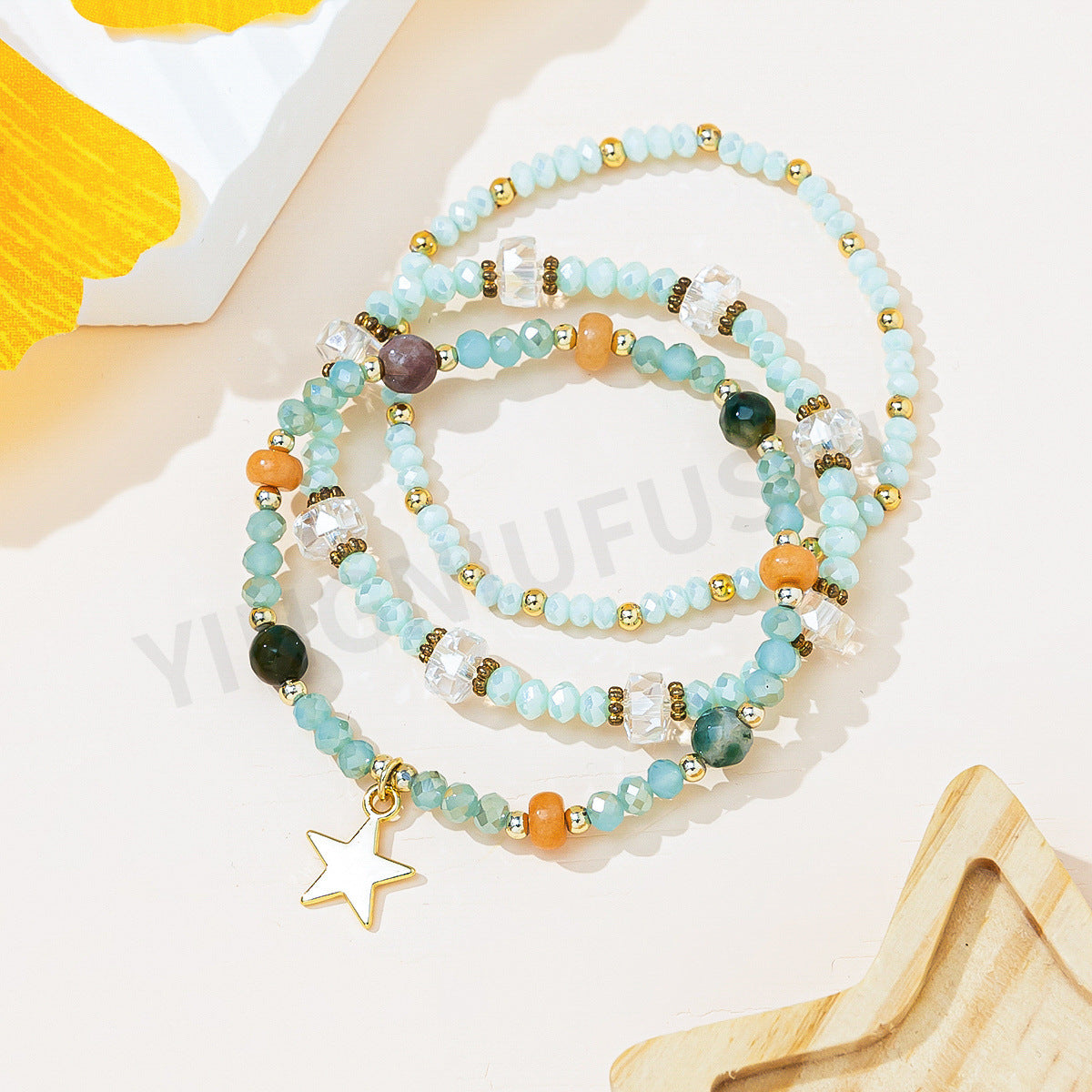 Women's Korean Mixed Crystal Glass Beaded Three-circle Bracelets