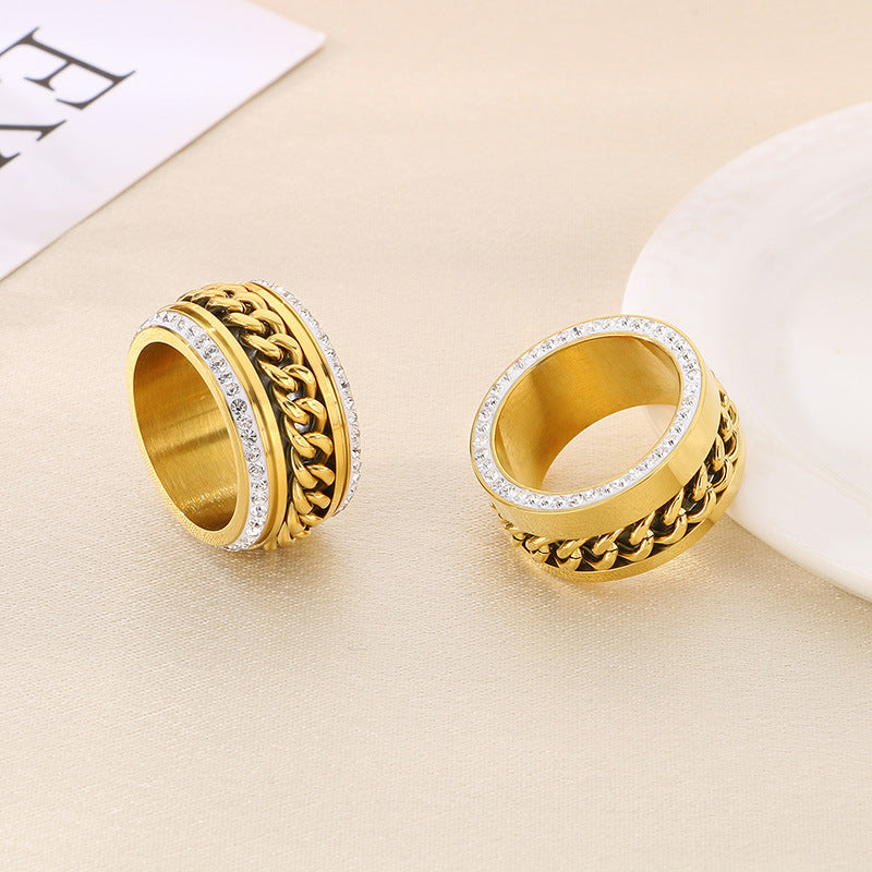 Women's & Men's Hop Side Rhinestone Chain Elegant Golden Wide Rings