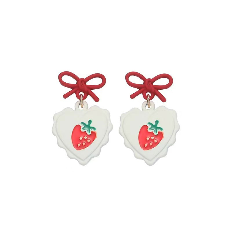 Sier Needle Sweet Loving Heart Strawberry Cherry Earrings
