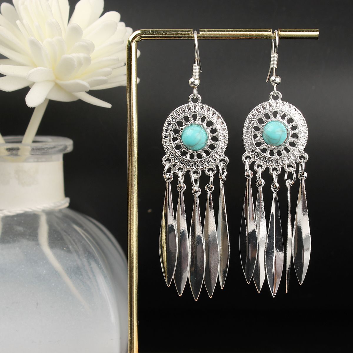 Ethnic Style Miao Sier Turquoise Tassel Earrings