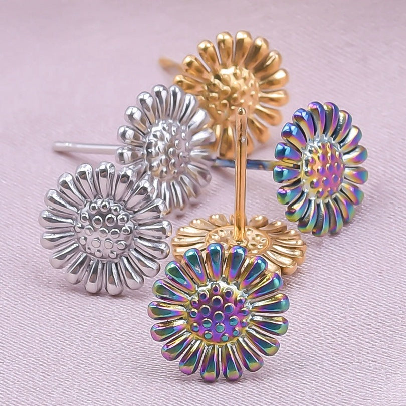 Steel Round Plant Flower Titanium Piercing Jewelry Earrings