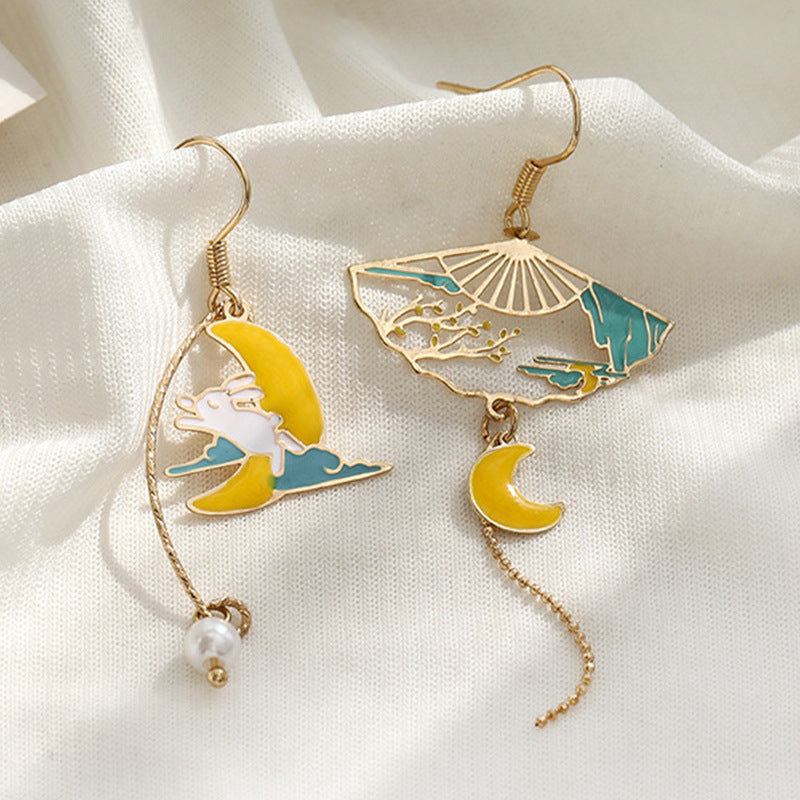 Fan Asymmetric Long Tassel Imitation Pearl Painting Earrings