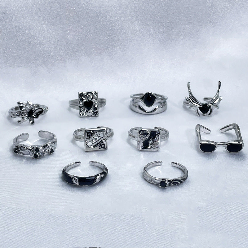 Black Zircon Texture Pleated Butterfly Opening Female Graceful Fashionable Rings