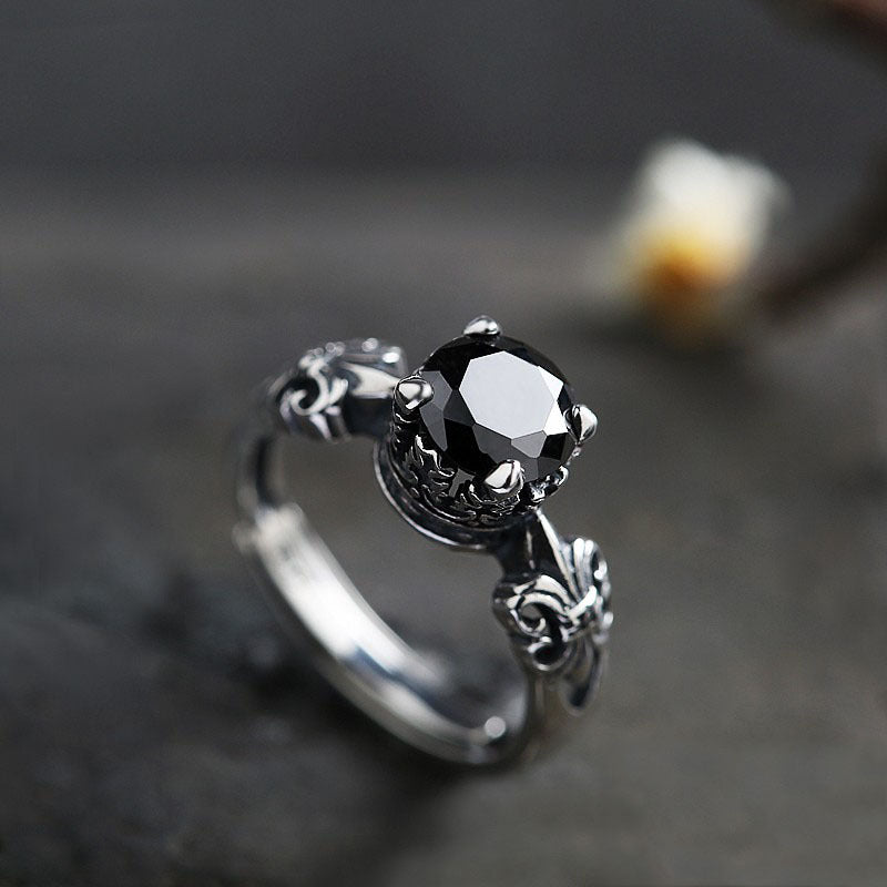 Women's & Men's Sier Natural Black Agate Open For Fashion Rings