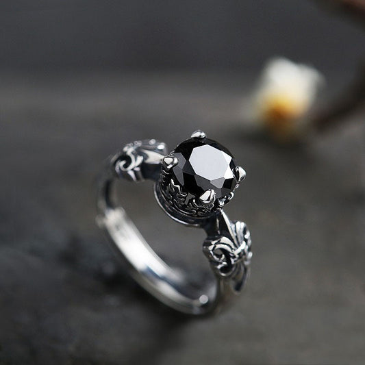 Women's & Men's Sier Natural Black Agate Open For Fashion Rings