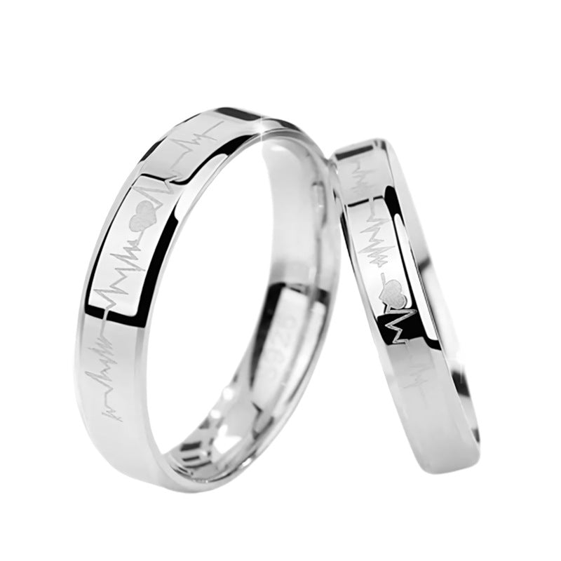 Women's & Men's Sterling Sier Ornament Heartbeat Wedding Korean Style Couple Rings
