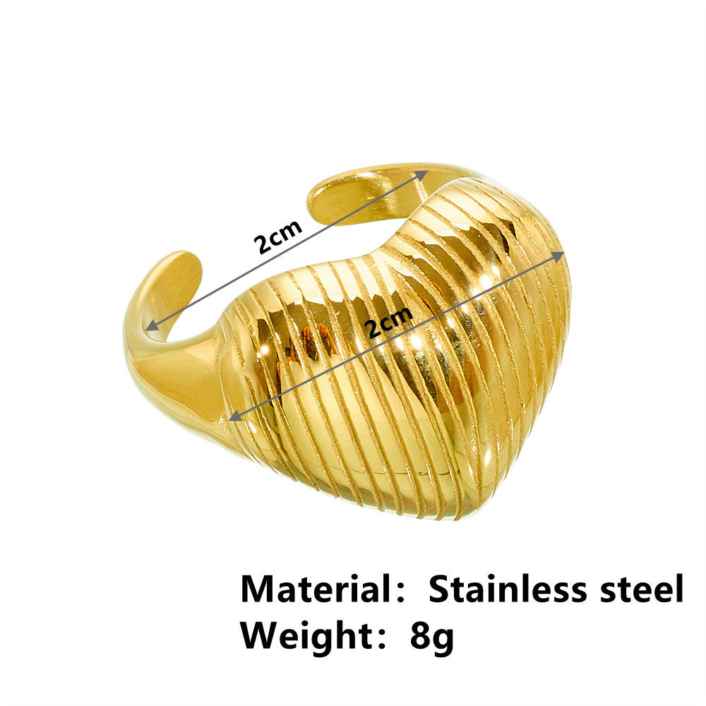 Trend Exaggerated Open Heart Striped Titanium Steel No Rings
