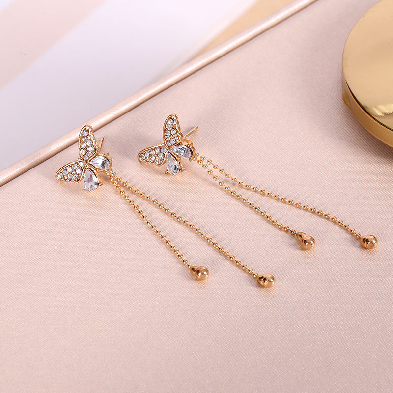 Tassel Diamond Butterfly Niche Design High-grade Earrings