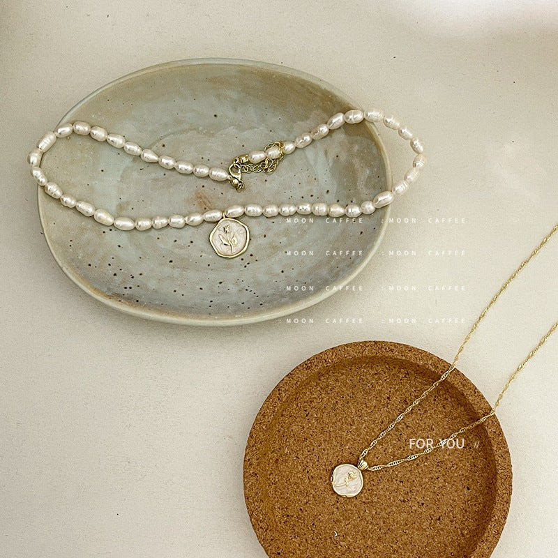 Elegant Pearl White Enamel Vintage Rose Necklaces
