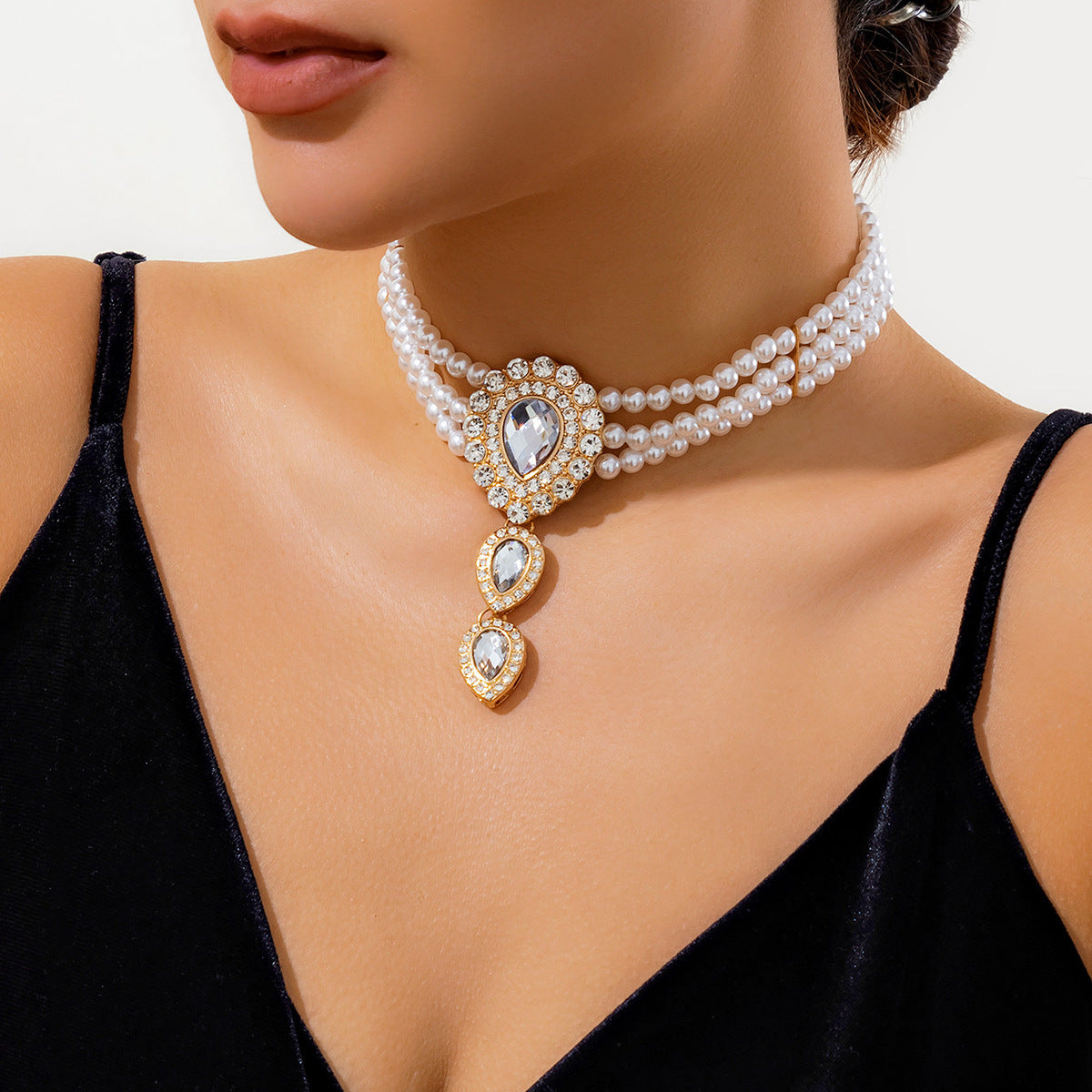 Ornament Light Luxury Retro Style Beaded Imitation Pearl Rhinestone Necklaces