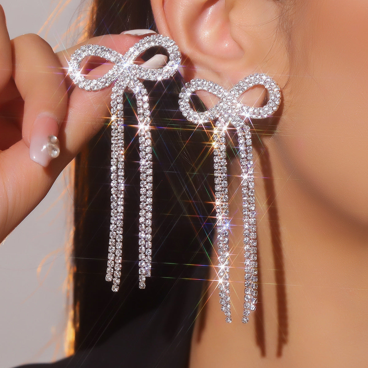 Bow Long Fringe Fashion Shiny Rhinestone Rings