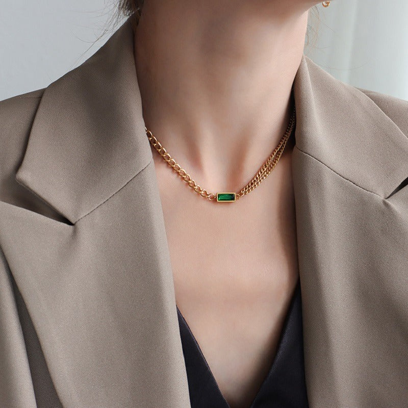 Women's Chain Zircon Double Twin Simple Green Necklaces