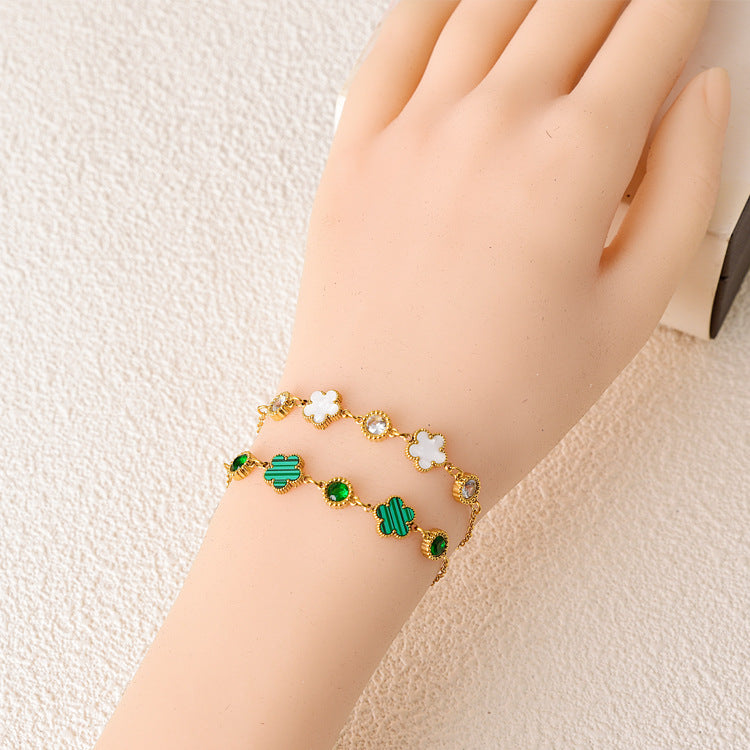 Round Diamond Shell Double Flower Titanium Bracelets