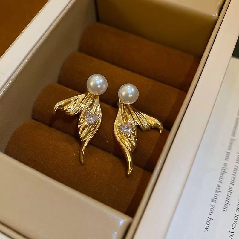 Zircon Love Mermaid Tail Pearl Personalized Creative Design Sense Earrings