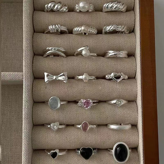 Luxury Simple Black Agate Female Niche Retro Rings