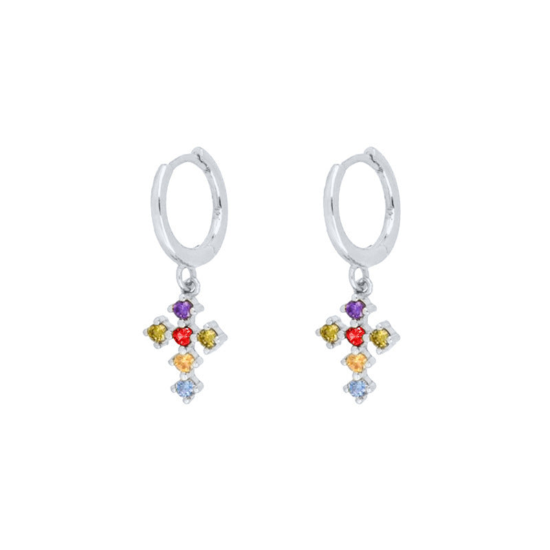 Cross Colorful Crystals Style Light Luxury Design Earrings