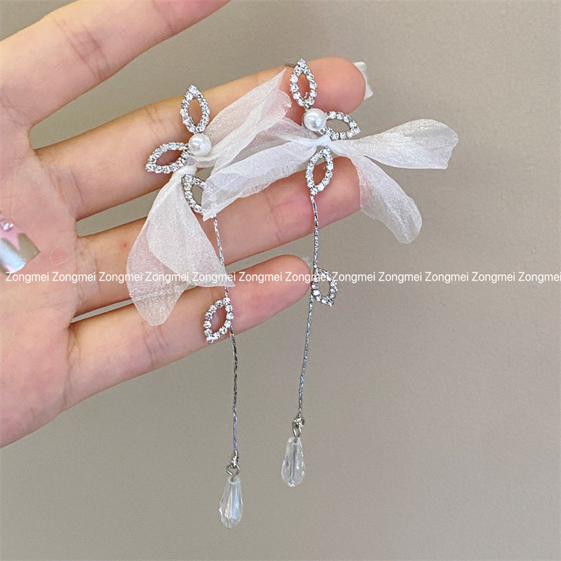 Mori Style Fabric Ribbon Bowknot Sier Earrings