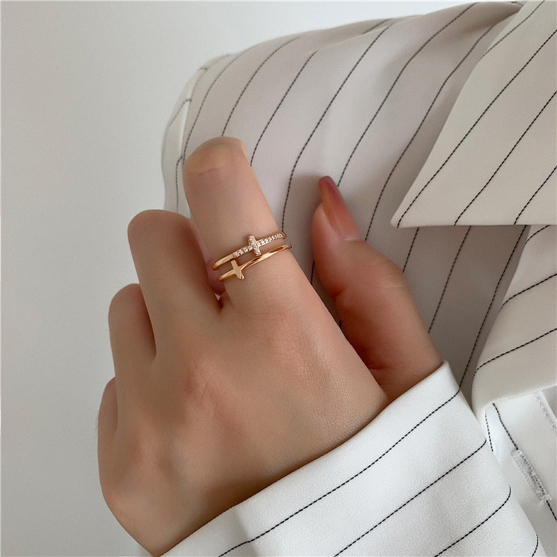 Layer Cross Micro Rhinestone Rose Gold Rings