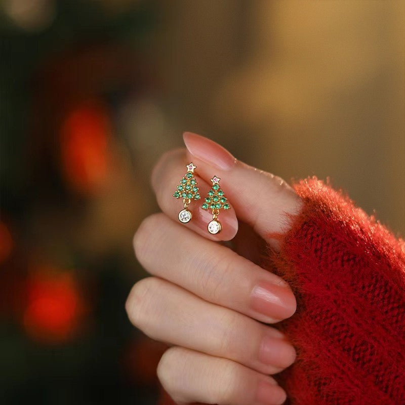 Sterling Sier Small Exquisite Christmas Tree Female Zircon Earrings
