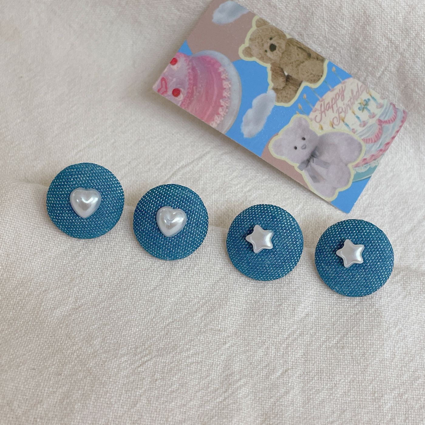 Women's Denim Blue Fabric Ball Sier Needle Love Earrings