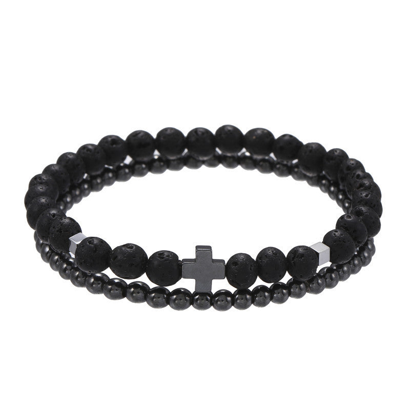 Men's Beaded Suit Map Stone Haematite Cross Bracelets
