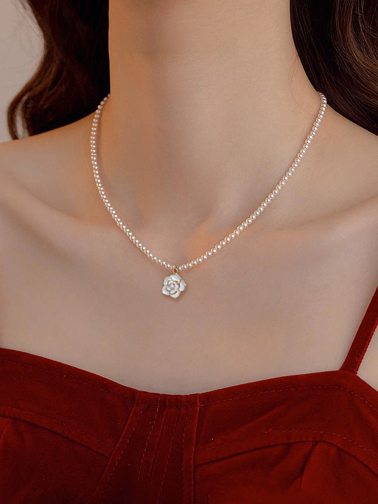 Women's French Style Pearl Camellia High-grade Simple Clavicle Necklaces