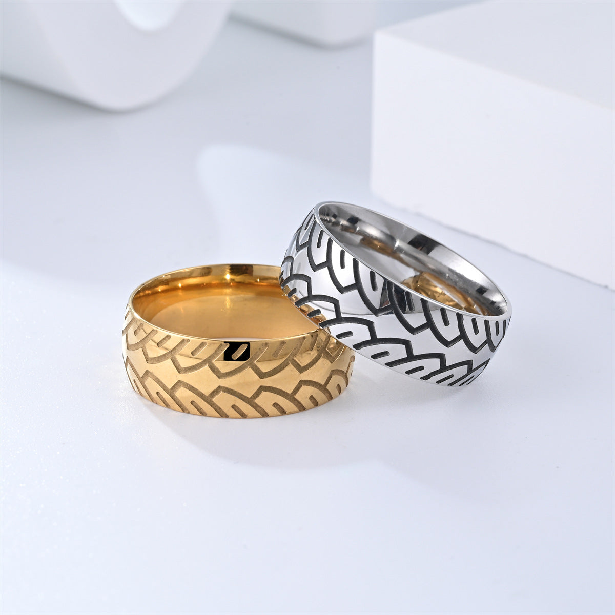 Men's Titanium Steel Corrosion Carved Tire Pattern Rings